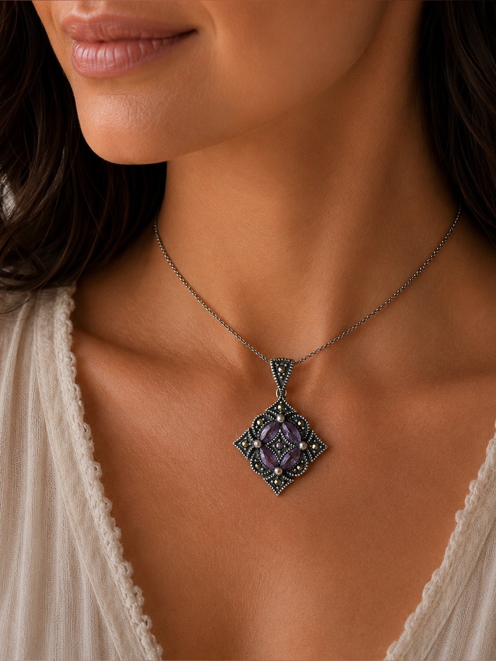 Vtg 925 Sterling Silver JC Filigree Marcasite Amethyst Gemstone Art Deco Pendant